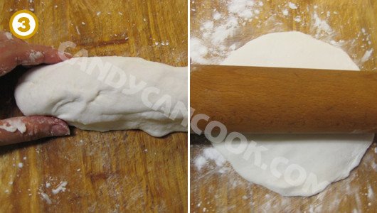 Cán bột thành lớp mỏng sau khi nhào kỹ để làm vỏ bánh bột lọc dẻo dai