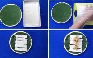 Cắt bánh đúc mặn đã hấp chín thành từng miếng vừa ăn