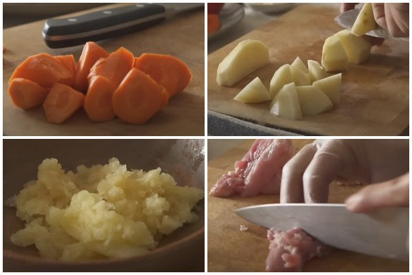 Cắt khối các loại rau củ chuẩn bị nấu cà ri Nhật