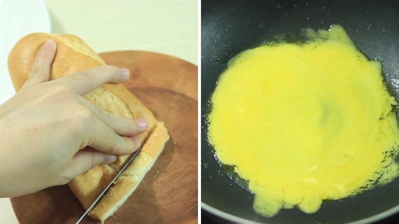 Cắt lát bánh mì để chuẩn bị làm bánh mì bơ sữa bằng chảo
