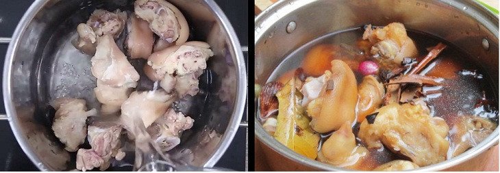 Chân giò và các vị thuốc bắc đang được hầm nhừ, minh họa cách nấu chân giò hầm thuốc bắc chuẩn vị
