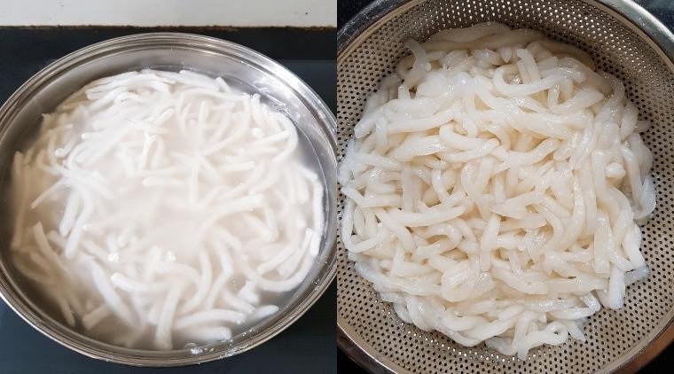Chần sợi bánh canh bột gạo xắt đã cắt