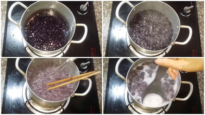 Cháo đỗ đen thơm lừng được nấu chín trên bếp gas truyền thống