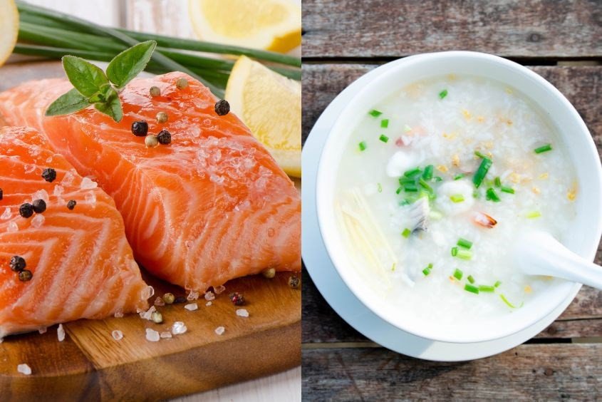 Cháo hạt kê cá hồi đậm đà, giàu DHA cho sự phát triển của bé.
