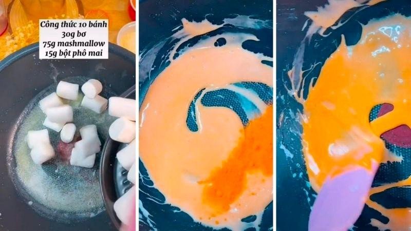 Chảo marshmallow và bột phô mai đang được nấu chảy
