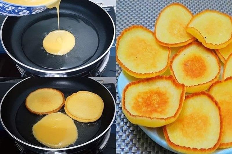 Chiên bánh bột mì trên chảo nóng vàng ươm và giòn rụm