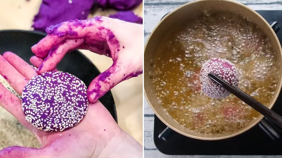 Chiên bánh khoai lang phồng trong dầu nóng