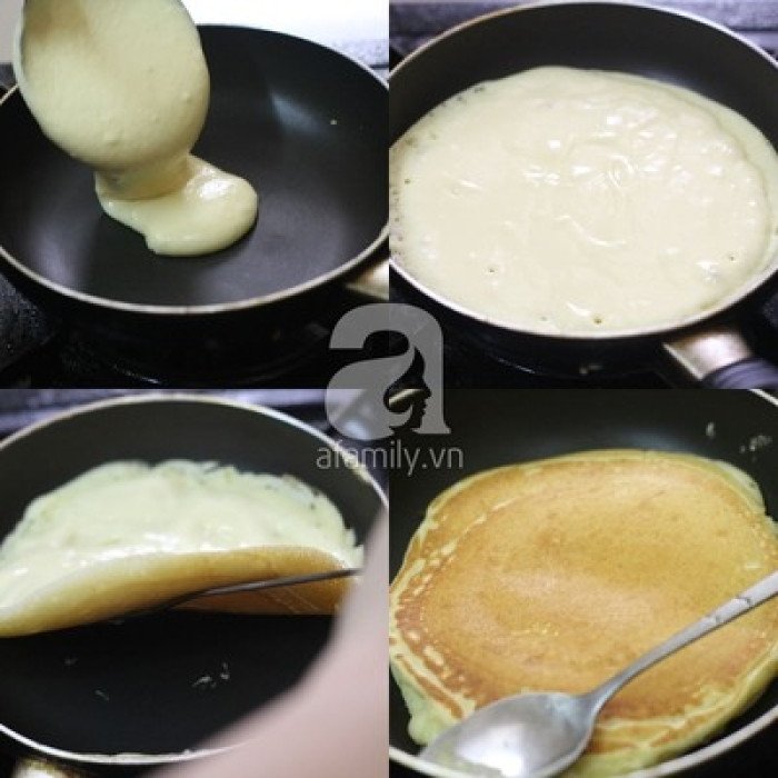 Chiên bánh pancake bơ mật ong trên chảo chống dính cho đến khi vàng đều hai mặt