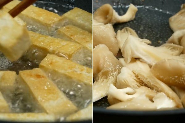 Chiên đậu hũ vàng giòn và xào nấm bào ngư cho món canh chua chay
