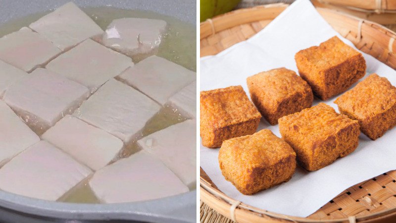 Chiên đậu phụ vàng đều, giòn rụm trong chảo dầu nóng cho món đậu tẩm hành