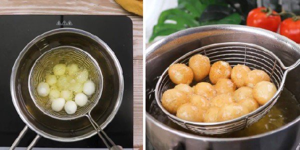 Chiên vàng giòn trứng cút trước khi sốt với nước cà chua