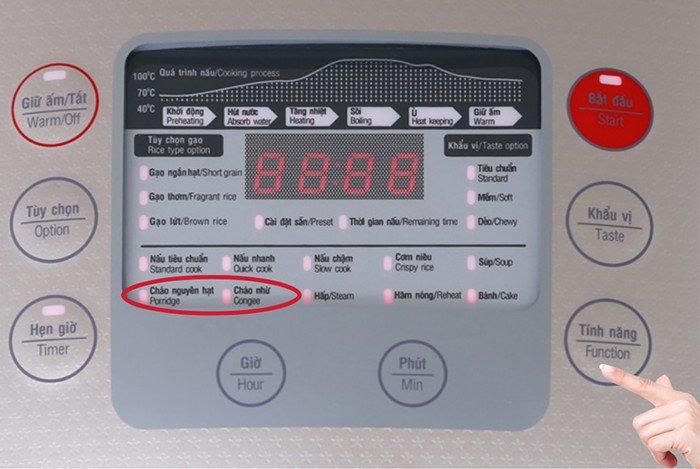 Chọn chế độ cháo trên nồi cơm điện tử để nấu cháo gà