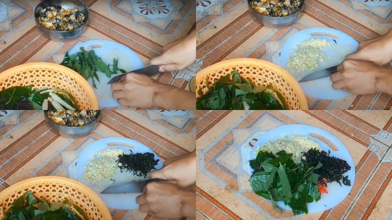 chuẩn bị lá lốt và các loại rau thơm cho món ốc xào