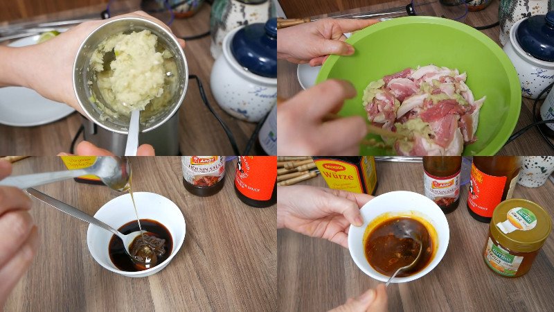Chuẩn bị nước sốt ướp thịt nướng cho món bún trộn thịt nướng