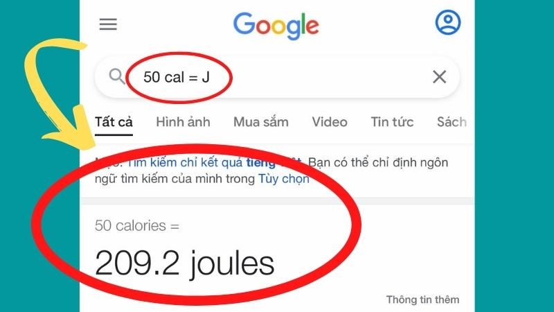 Chuyển đổi calo sang jun bằng Google Search