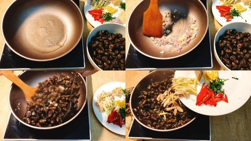 Đang xào ốc đá cùng sả ớt và các loại gia vị trên chảo nóng