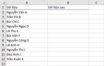 Danh sách tên cần xáo trộn trong Excel trước khi áp dụng công thức