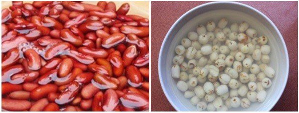 Đậu đỏ và hạt sen đã ngâm nở đều