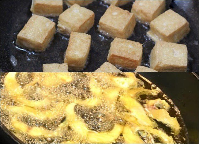 Đậu hũ và cá rô phi đang được chiên vàng giòn trên chảo