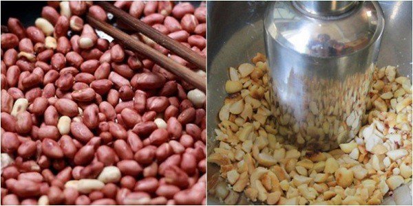 Đậu phộng rang chín, giã dập tăng thêm độ bùi cho bánh tráng trộn