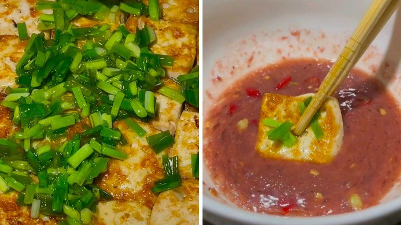Đậu phụ tẩm hành mắm tôm hấp dẫn với màu vàng giòn của đậu và màu xanh mướt của hành, chấm kèm mắm tôm
