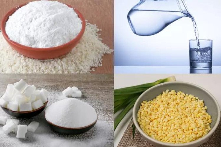 Đậu xanh đã ngâm và các nguyên liệu khác để làm nhân bánh in, chuẩn bị cho quá trình tạo ra bánh in với lượng calo tự điều chỉnh.