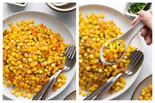 Đĩa bắp xào mỡ hành nóng hổi sẵn sàng để thưởng thức