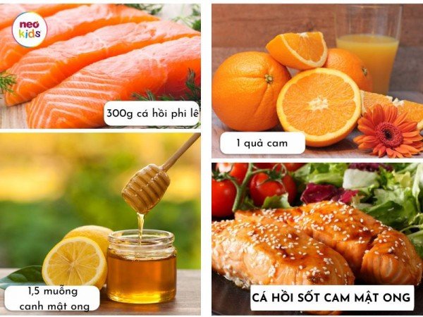 Đĩa cá hồi sốt cam mật ong thơm lừng chuẩn bị cho bé ăn dặm