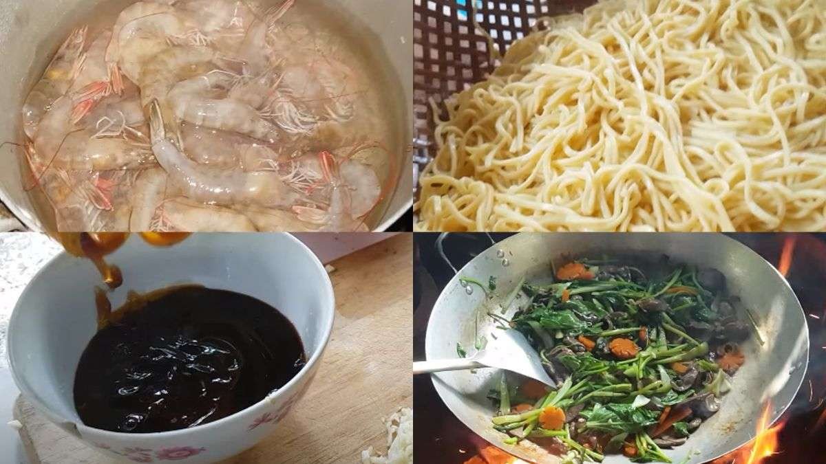 Đĩa mì trứng xào thập cẩm với tim, gan, tôm và rau củ