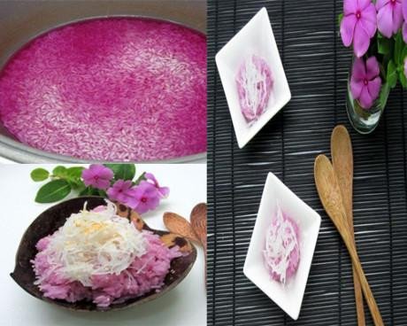 Đĩa xôi lá cẩm màu tím đẹp mắt sau khi hoàn thành với cách nấu xôi bằng nồi cơm điện