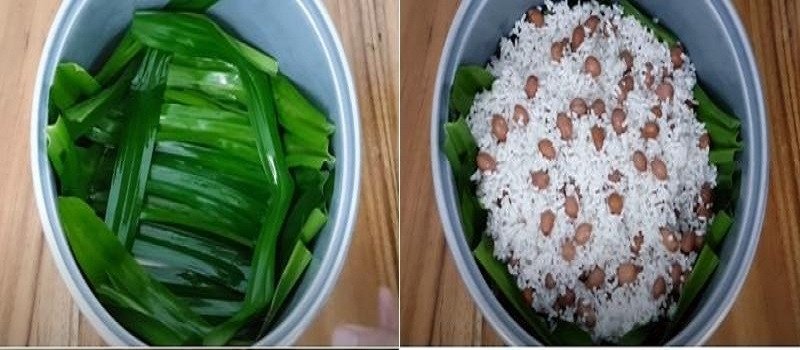 Đổ gạo nếp và đậu phộng đã sơ chế vào nồi cơm điện để chuẩn bị nấu xôi