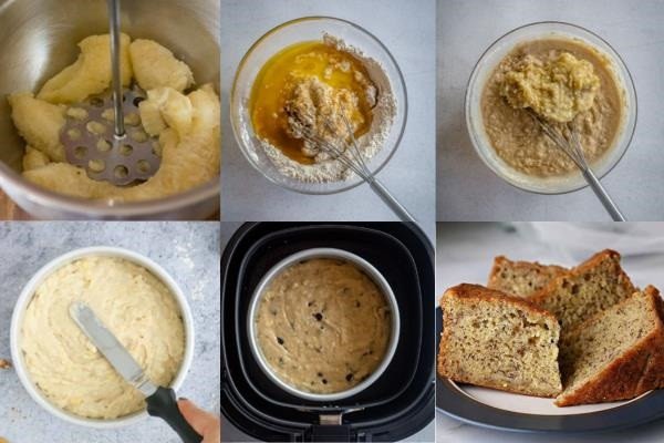 Đổ hỗn hợp bột vào khuôn bánh chuối nướng nồi chiên không dầu