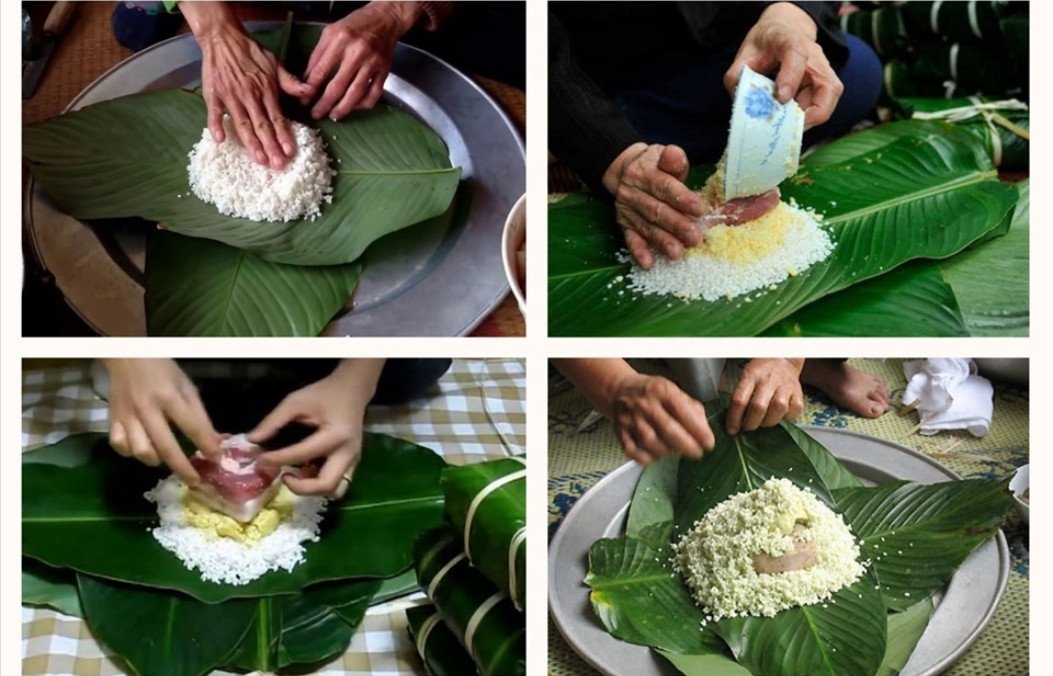 Đôi tay khéo léo đang thực hiện công đoạn gói bánh chưng miền Bắc, đảm bảo bánh vuông vức và chắc chắn