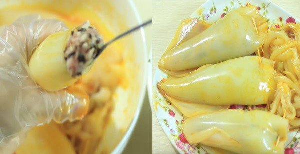 Dồn nhân thịt vào mực để làm món mực dồn thịt