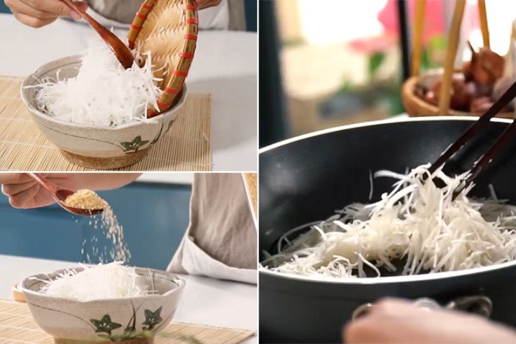 Dừa nạo xào đường thơm lừng, dùng để trộn xôi cốm