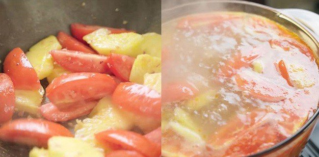 Dứa và cà chua đang được xào để thêm vào nước dùng bún cá