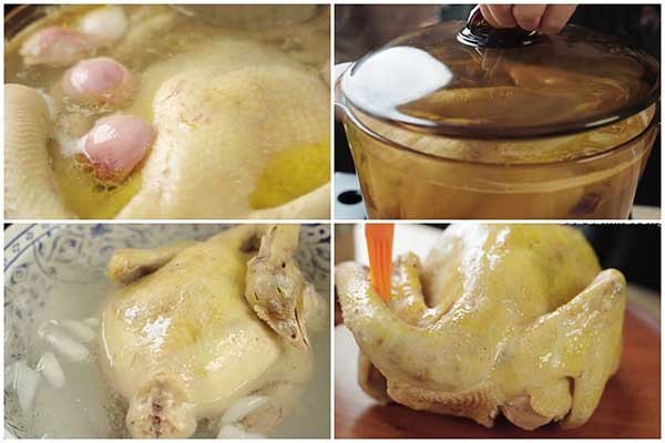 Gà luộc chín đều, da căng bóng không nứt khi chuẩn bị làm cháo gà miền Tây