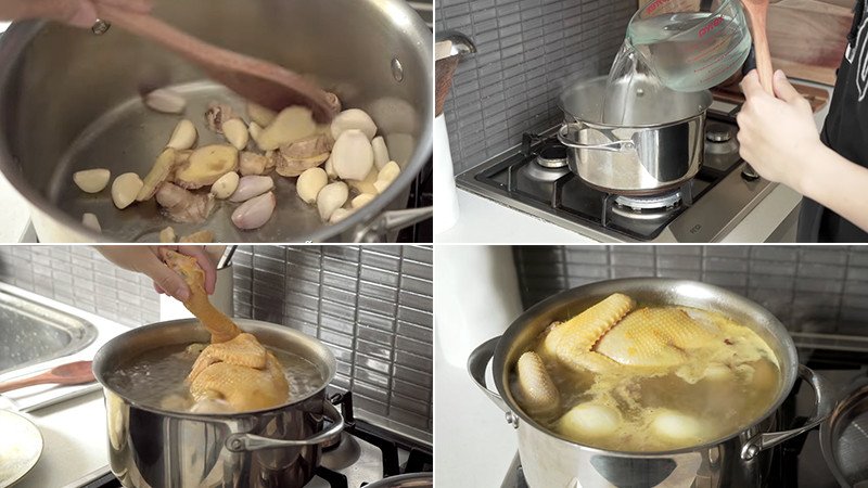 Gà nguyên con được luộc trong nồi nước dùng thơm lừng chuẩn bị cho món cơm gà