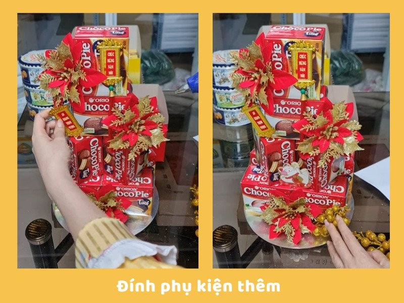 Gắn thêm phụ kiện trang trí Tết cho tháp bánh Chocopie