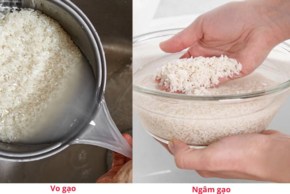 Gạo nếp trắng đã được vo sạch và ngâm, chuẩn bị cho món xôi đậu đen nước cốt dừa