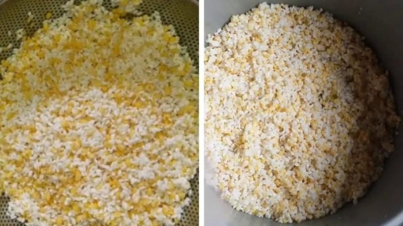 Gạo nếp và đậu xanh đã ngâm đang được hấp chín để làm xôi sầu riêng