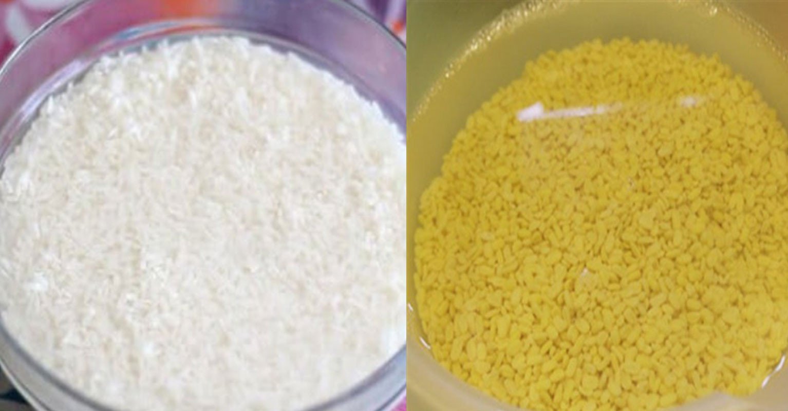 Gạo nếp và đậu xanh đã ngâm và để ráo chuẩn bị chế biến xôi vò