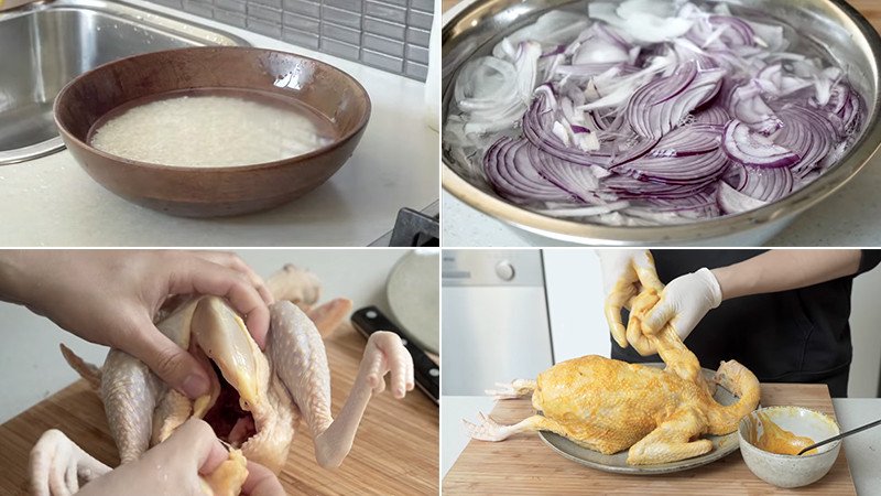 Gạo thơm và gạo nếp đang được ngâm chuẩn bị nấu cơm gà Tam Kỳ