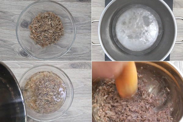 Giã tép riu tươi nhuyễn để chuẩn bị làm mắm tép truyền thống