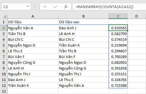 Giải thích cách hàm RANDARRAY tạo mảng số ngẫu nhiên để xáo trộn dữ liệu