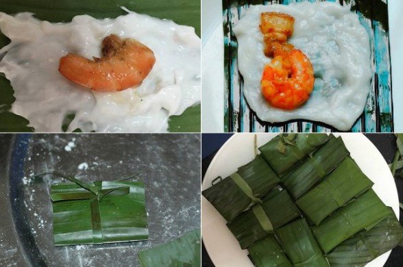 Gói bánh bột lọc nhân tôm thịt bằng lá chuối tỉ mỉ