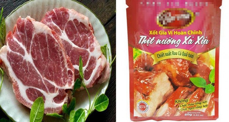 Gói gia vị ướp thịt xá xíu tiện lợi được đặt cạnh miếng thịt heo tươi