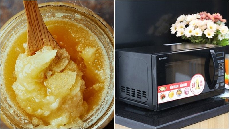 Hâm nóng hỗn hợp đường, mật ong để tạo siro làm nhân trà xanh cho bánh rán Doremon.