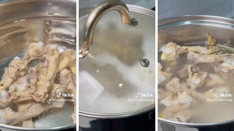 Hầm xương gà để lấy nước dùng ngọt thanh cho món canh gà rau củ