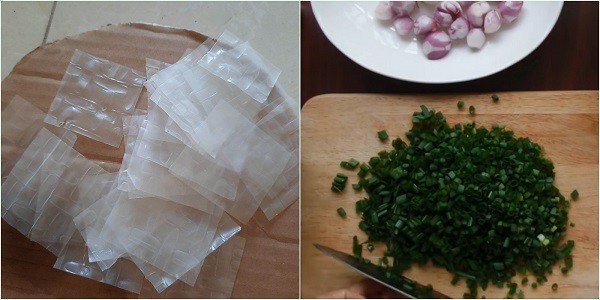 Hành lá thái nhỏ và bánh tráng cắt miếng chuẩn bị cho món mỡ hành